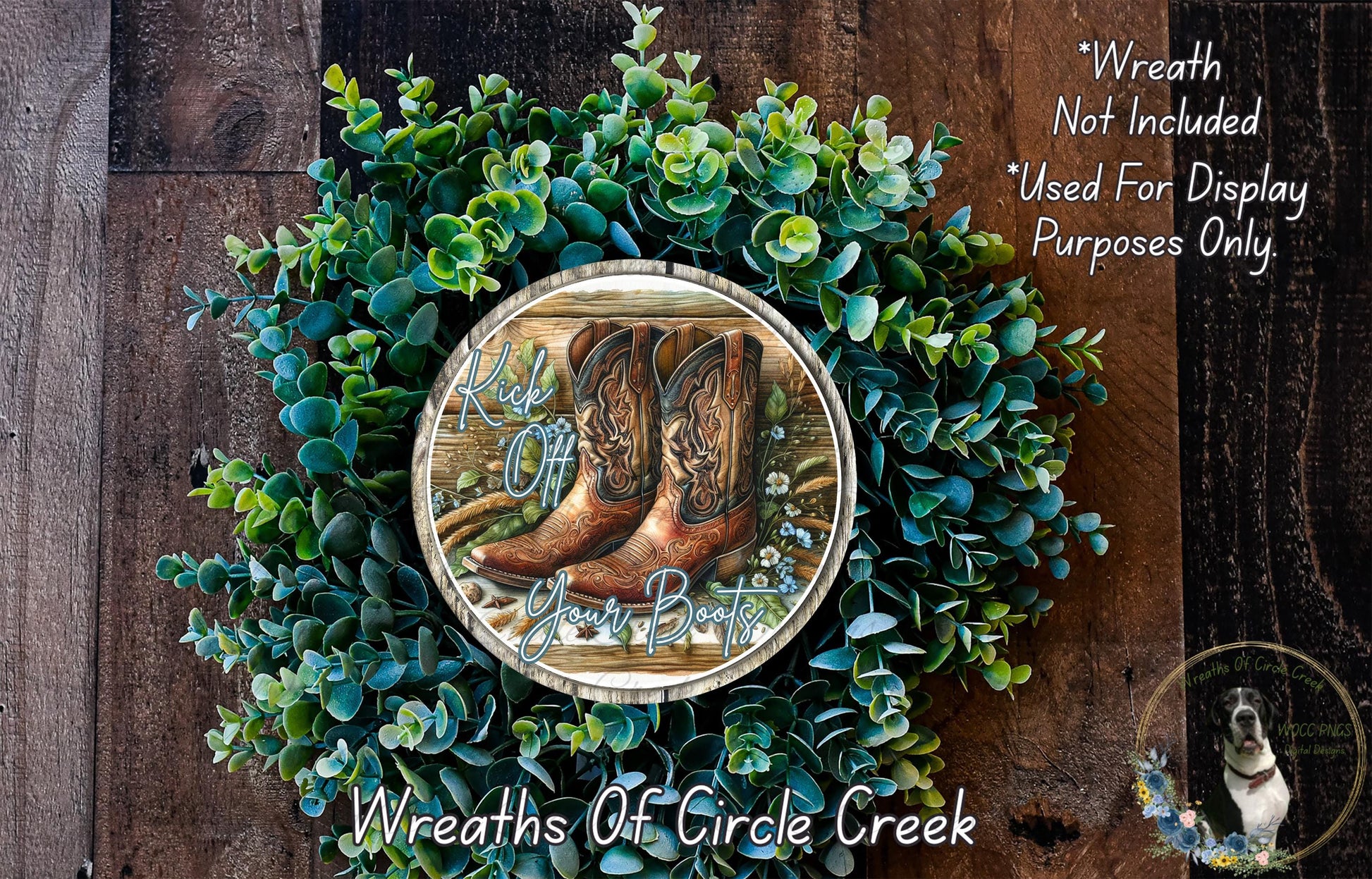 a wreath made of green foliage and brown boots, with the phrase "KICK OFF YOUR BOOSTERS" displayed on the wreath.