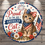 A patriotic cat wearing an American flag and bow, surrounded by flowers and fireworks, with the text "Proud to be an American Cat" displayed on the image.
