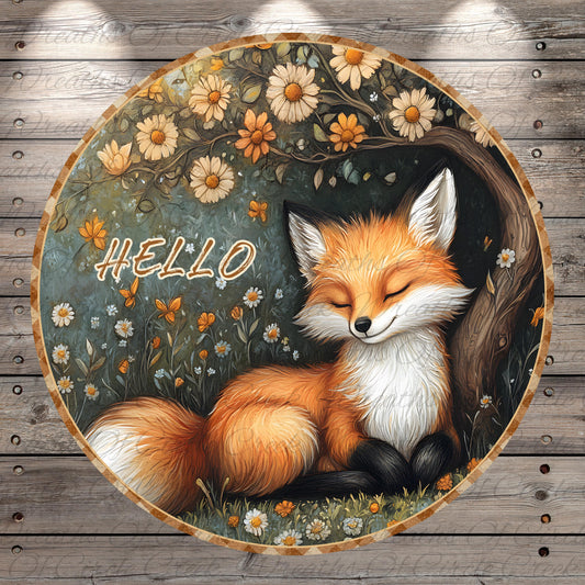 A round, wooden-framed image depicting a sleeping fox surrounded by a floral background and the word "Hello" written on it.