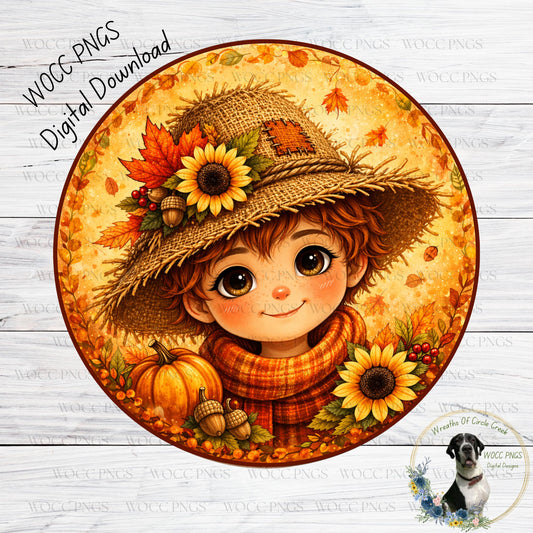 A digital illustration of a young girl wearing a straw hat and scarf, surrounded by autumn-themed elements such as sunflowers, pumpkins, and acorns.