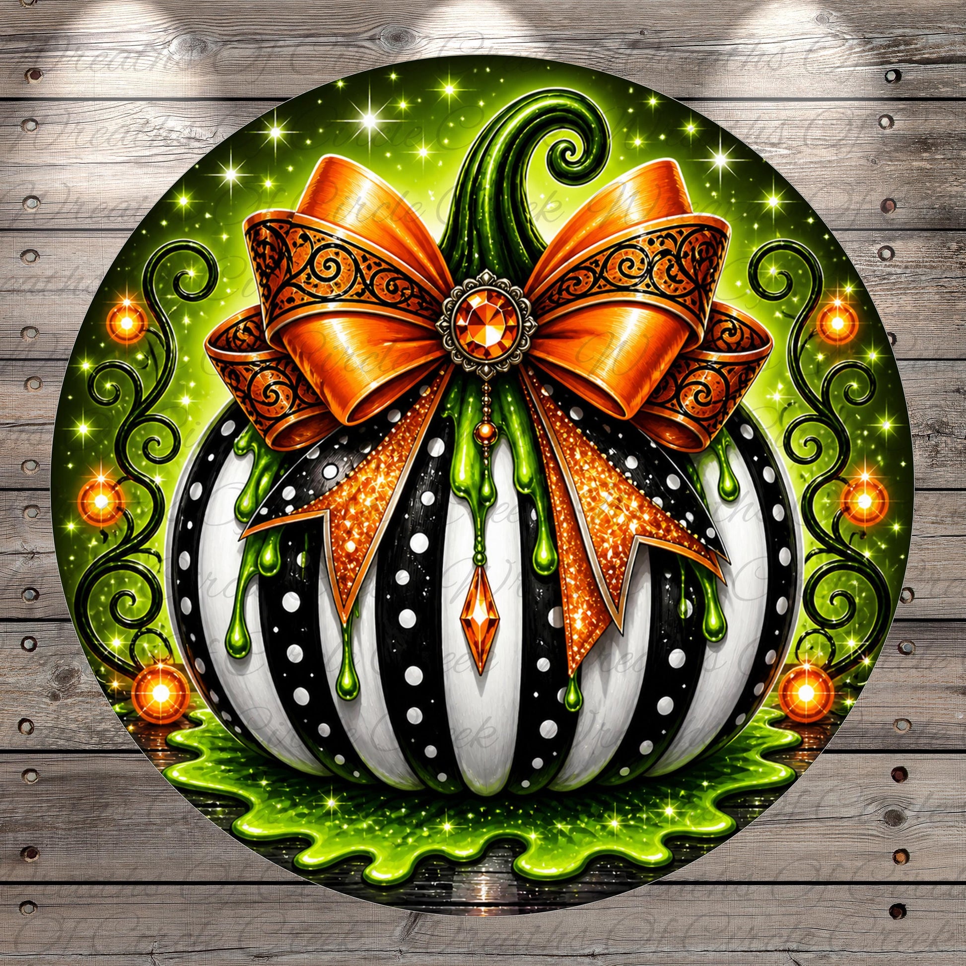 The image is a vibrant and detailed illustration of a decorative pumpkin, adorned with a large orange bow and surrounded by a lush green and black striped pattern. The pumpkin is set against a backdrop of sparkling stars, creating a festive and whimsical atmosphere.