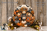 A decorative wreath featuring three scarecrow dolls, pumpkins, and flowers, with the text "Hey there Pumpkin" displayed on the wreath.