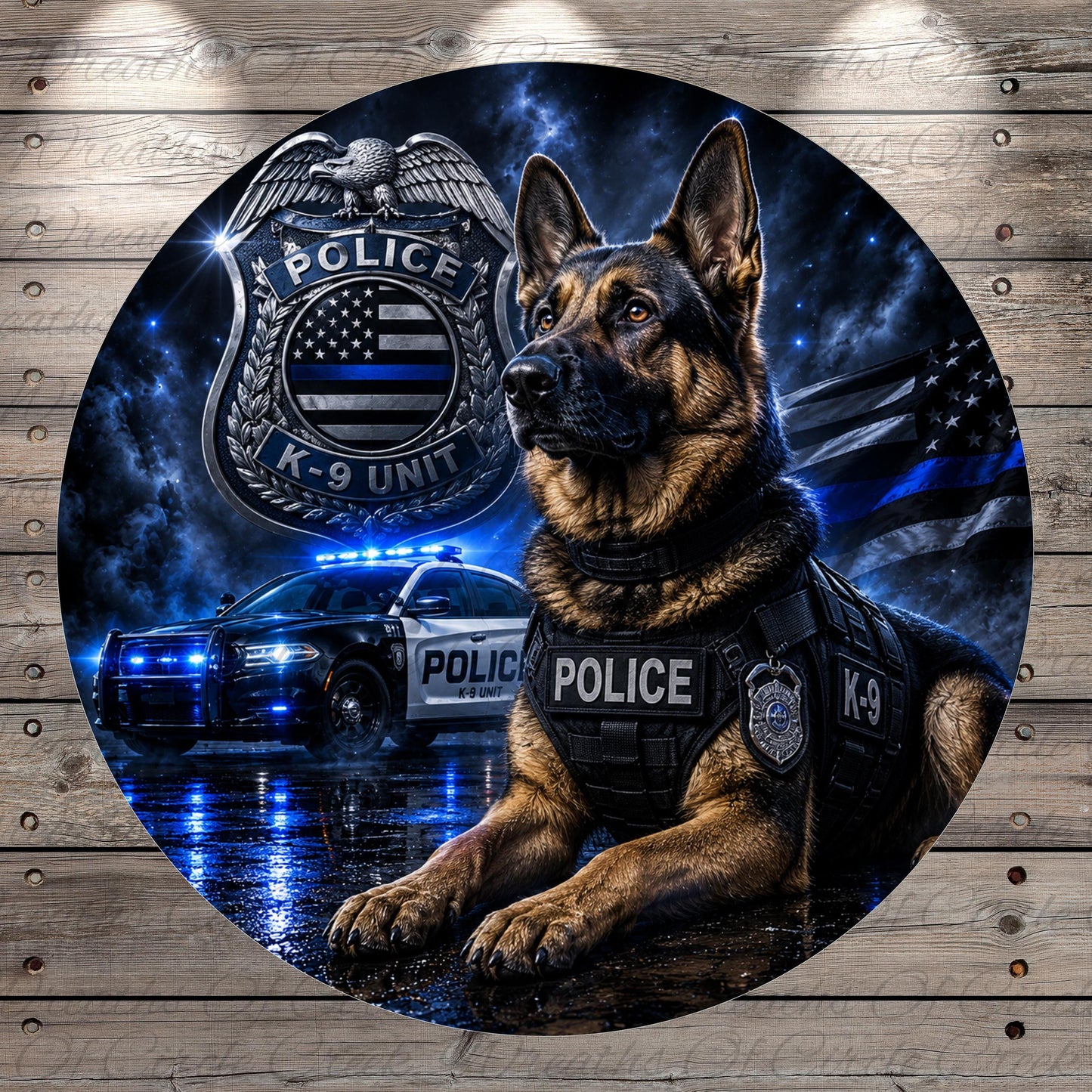 A German Shepherd police dog wearing a K-9 unit vest, with a police car and a police shield in the background, all set against a dark, starry night sky.