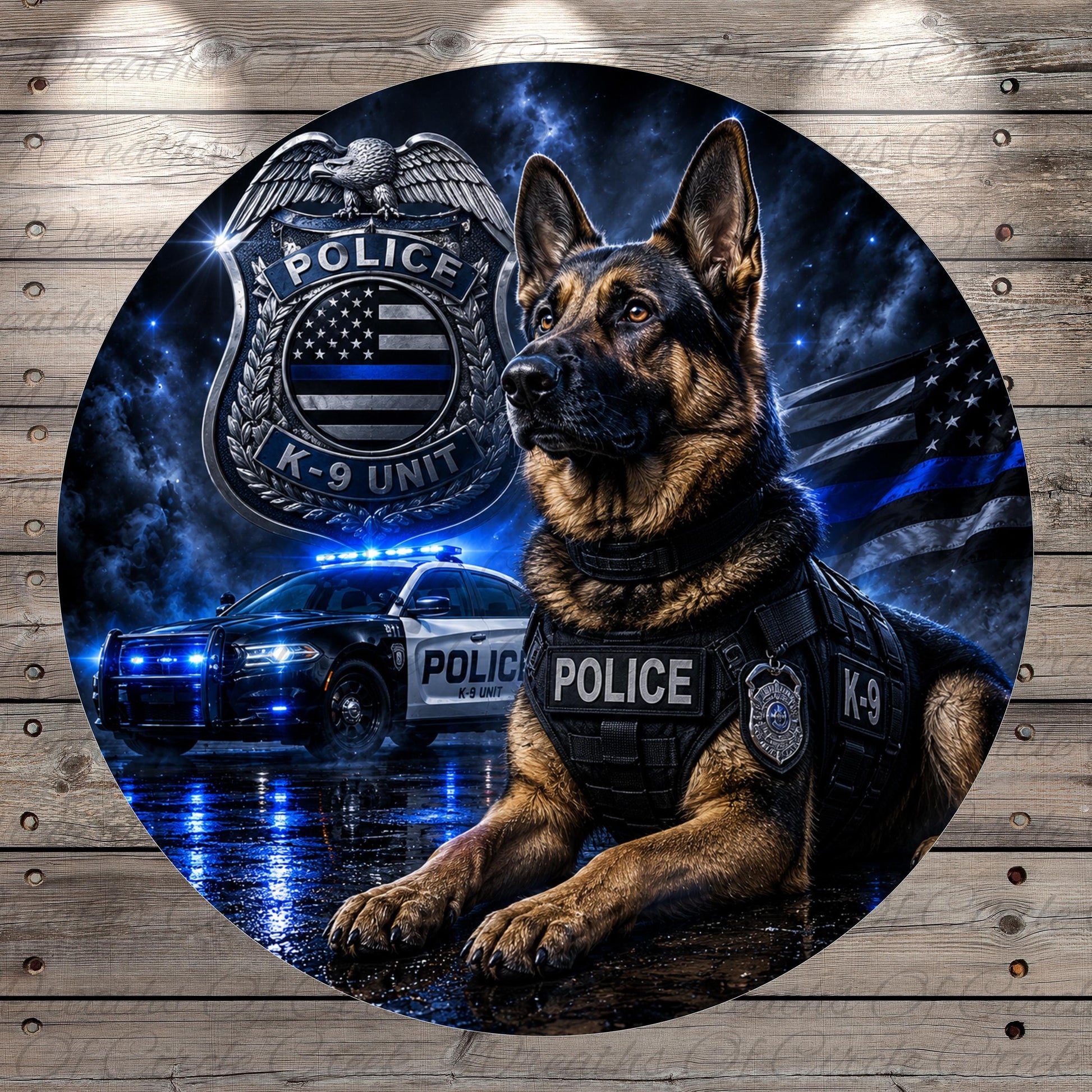 A German Shepherd police dog wearing a K-9 unit vest, with a police car and a police shield in the background, all set against a dark, starry night sky.