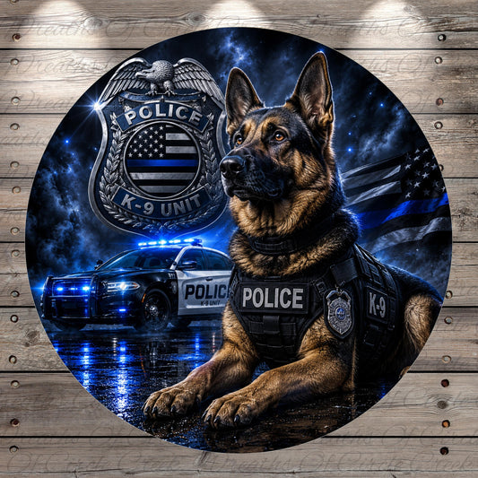 A German Shepherd police dog wearing a K-9 unit vest, with a police car and a police shield in the background, all set against a dark, starry night sky.