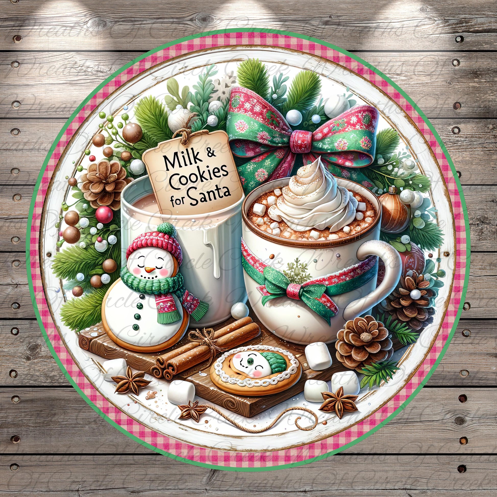 A festive Christmas-themed arrangement featuring a snowman, a mug of hot chocolate, cookies, and other holiday decorations on a wooden background.