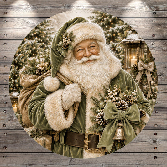 Santa Claus holding a sack of presents and wearing a green velvet coat with a bow, standing in front of a Christmas tree.