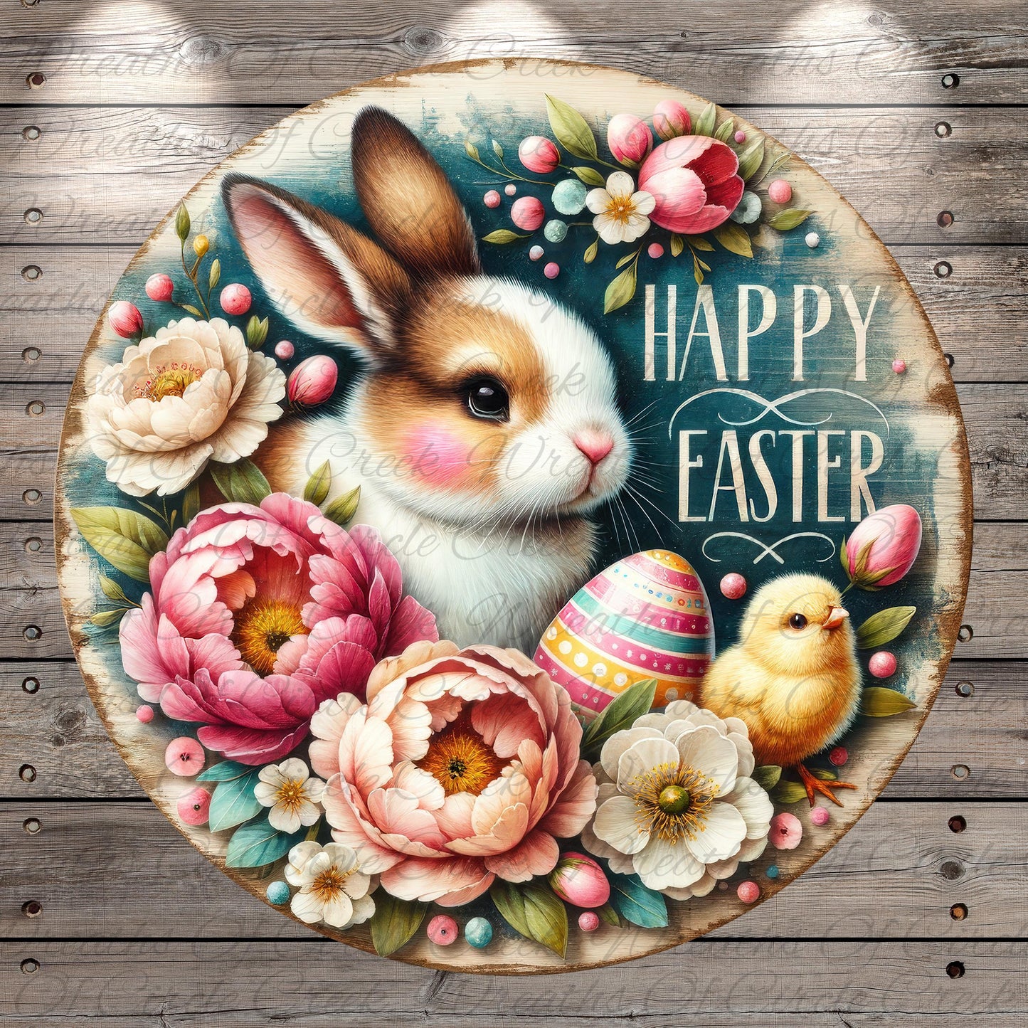 A round wooden sign with a bunny and a yellow chick surrounded by colorful flowers and an Easter egg. The sign has the text "Happy Easter" written on it.