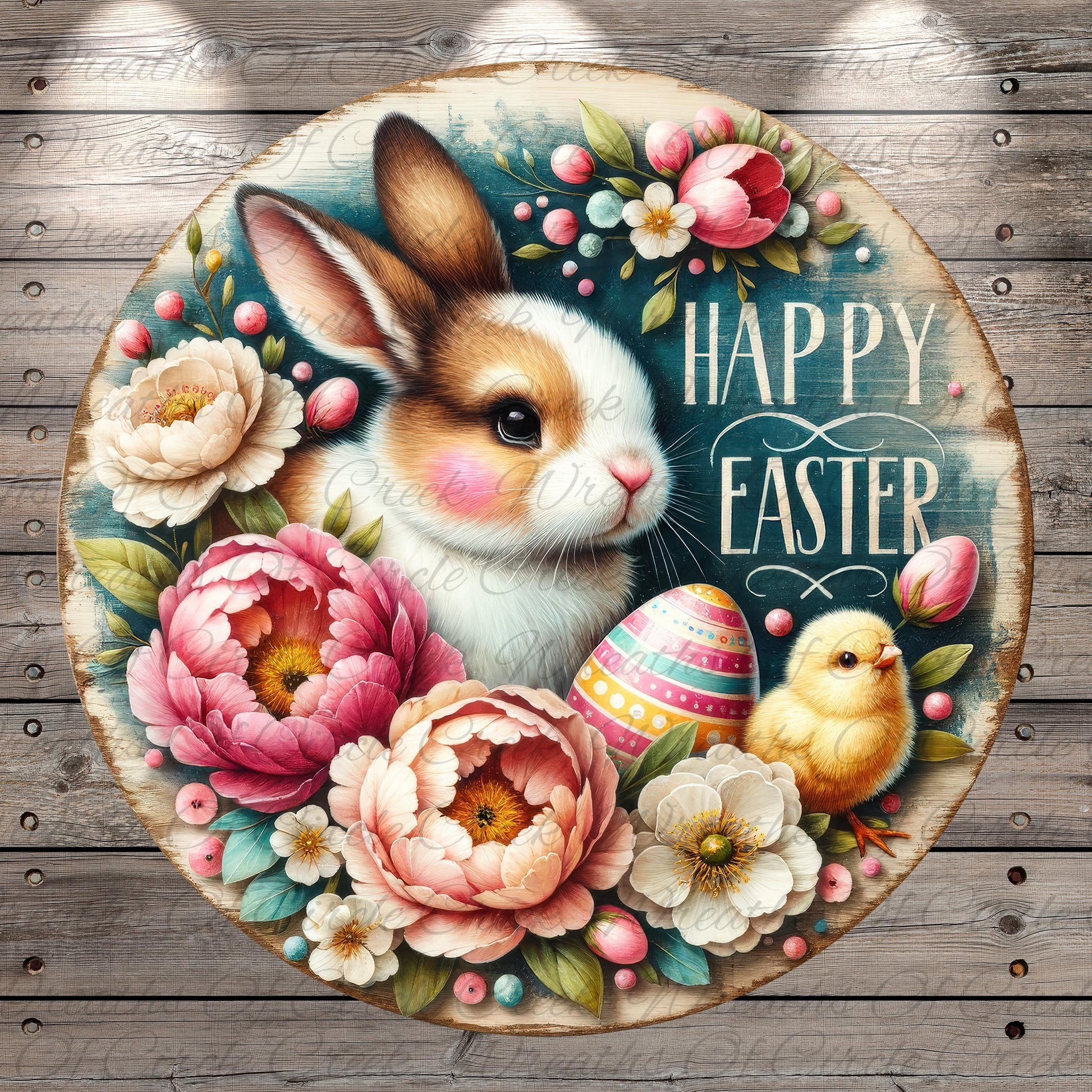 A round wooden sign with a bunny and a yellow chick surrounded by colorful flowers and an Easter egg. The sign has the text "Happy Easter" written on it.