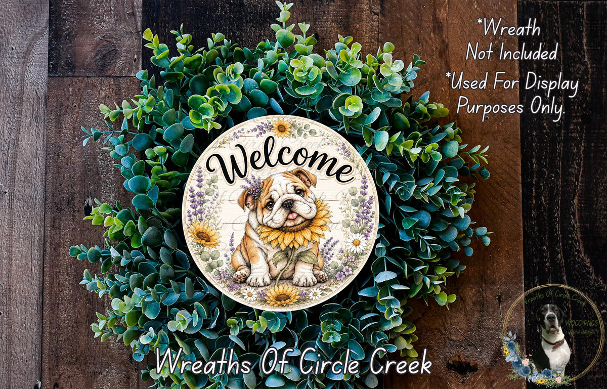 a wreath with a dog and sunflowers, surrounded by greenery, and a sign that reads "Welcome".