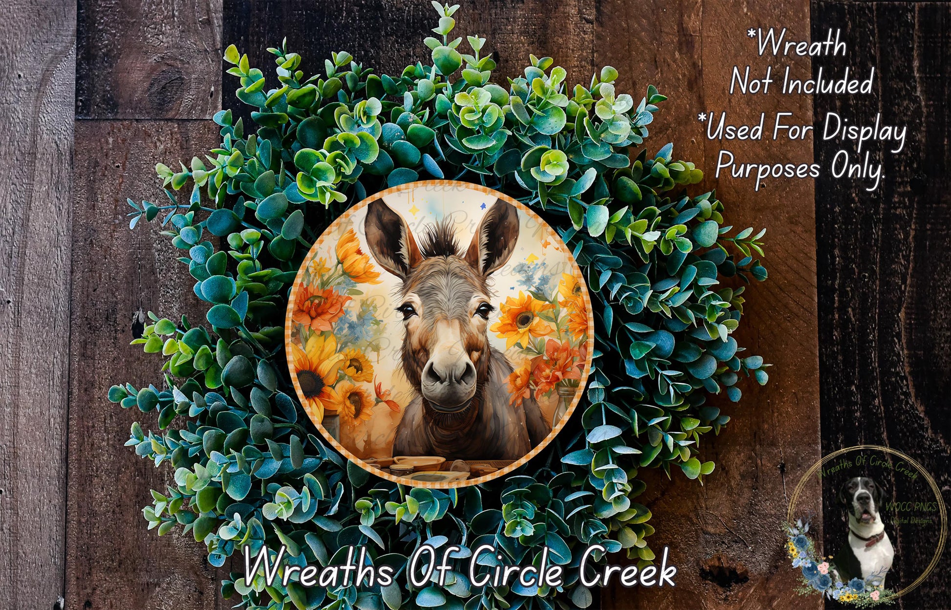 a wreath with a donkey's head in the center, surrounded by a lush green wreath. The text above the donkey's head reads "Wreath Not Included * Used For Display Purposes Only".