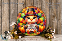 A colorful wreath with a turkey wearing a hat and holding a "Happy Thanksgiving" sign, surrounded by autumn leaves, pumpkins, and flowers, set against a wooden background.