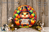 A colorful wreath with a turkey wearing a hat and holding a "Happy Thanksgiving" sign, surrounded by autumn leaves, pumpkins, and flowers, set against a wooden background.