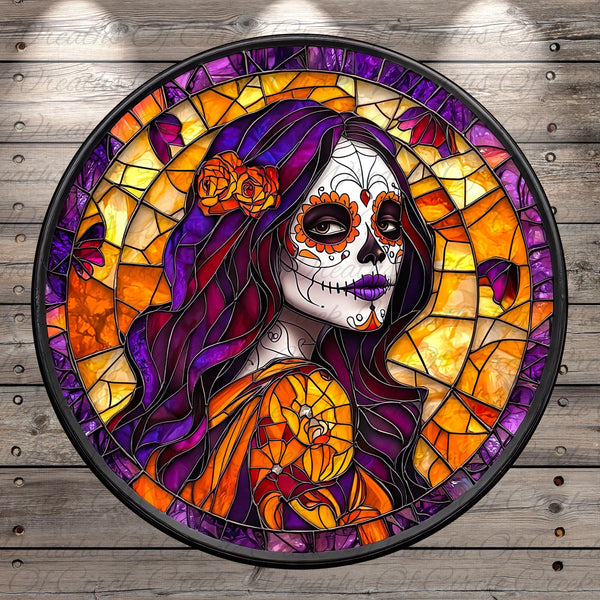 A colorful stained glass portrait of a woman with a sugar skull design, surrounded by a circular frame with a wooden background.