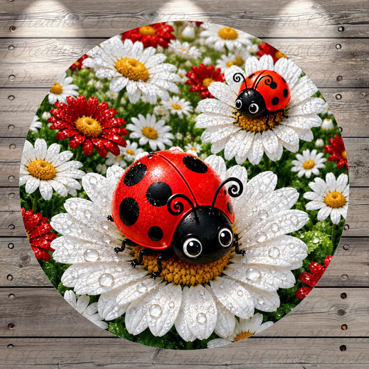 A circular image featuring two ladybugs on white daisies with red centers, surrounded by a background of white daisies and red flowers.