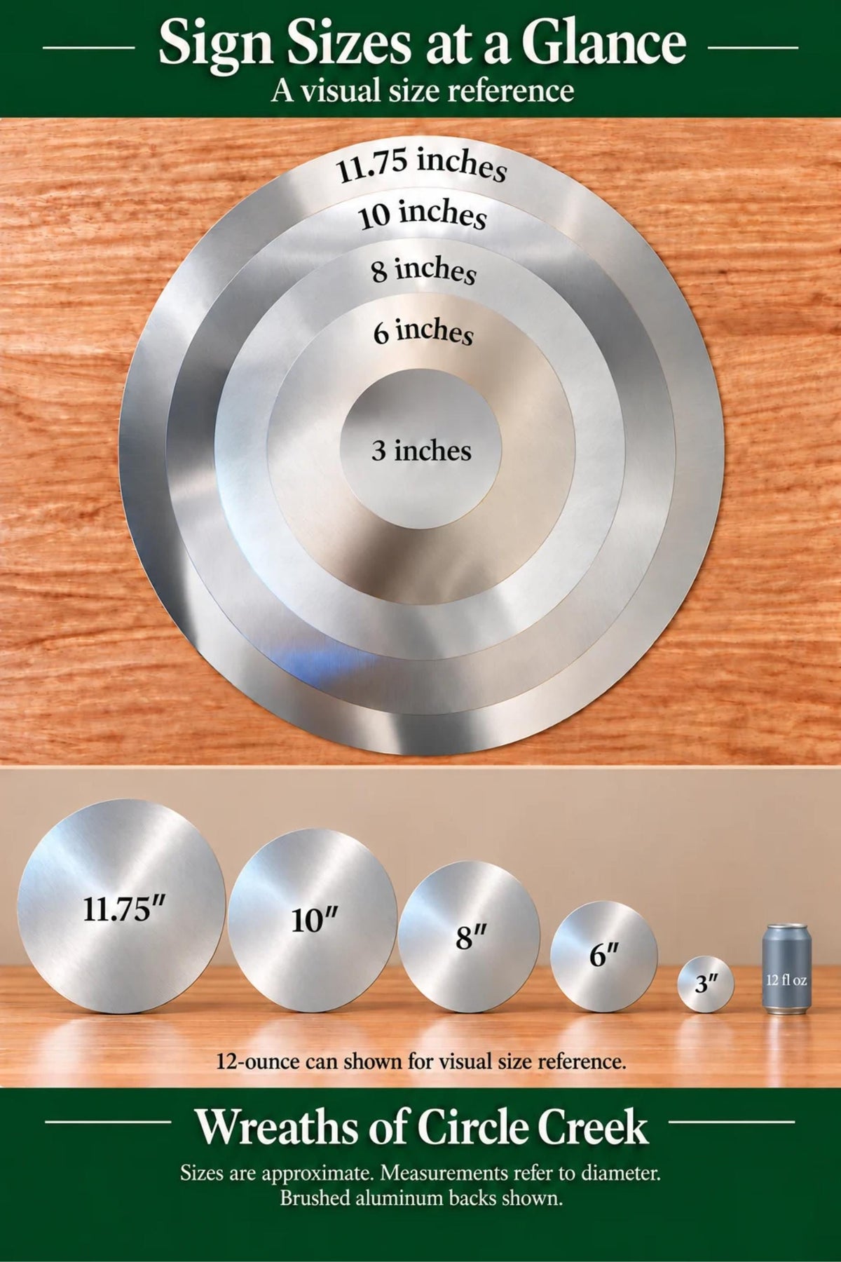 The image is a visual size reference for sign sizes, showing the different sizes of wreaths of Circle Creek. It includes a central circle with the sizes 11.75", 10", 8", 6", and 3" shown, and a series of smaller circles representing the sizes of the wreaths. The image also includes a can of aluminum wreaths and a wooden surface, providing a visual context for the sizes.