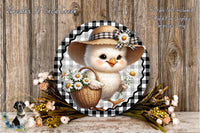 A cheerful white chicken wearing a hat and holding a basket of flowers stands in front of a wooden background with a black and white checkered border.