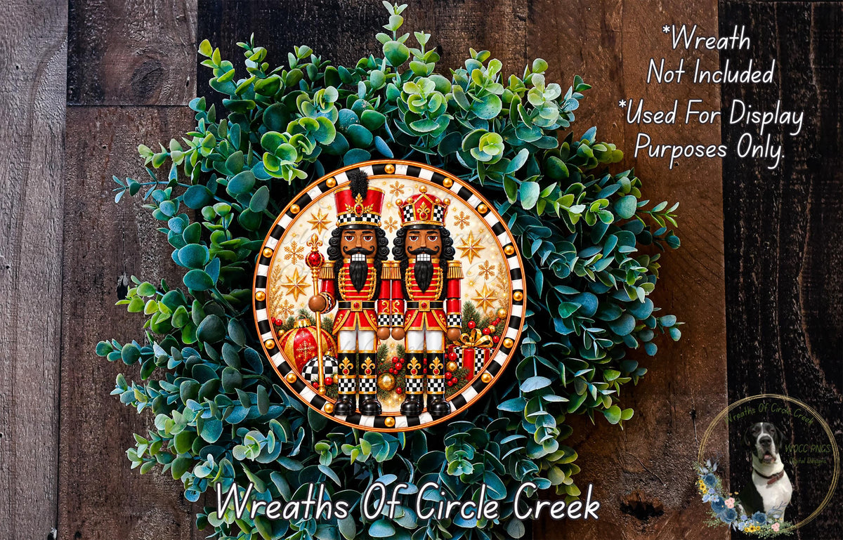 A wreath made of green leaves and featuring a decorative nutcracker design at the center.
