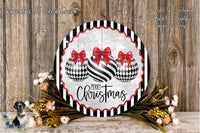 a festive Christmas wreath with a black and white checkered design, adorned with red bows and the text "Merry Christmas". The wreath is placed on a wooden surface, surrounded by a floral arrangement and some greenery.