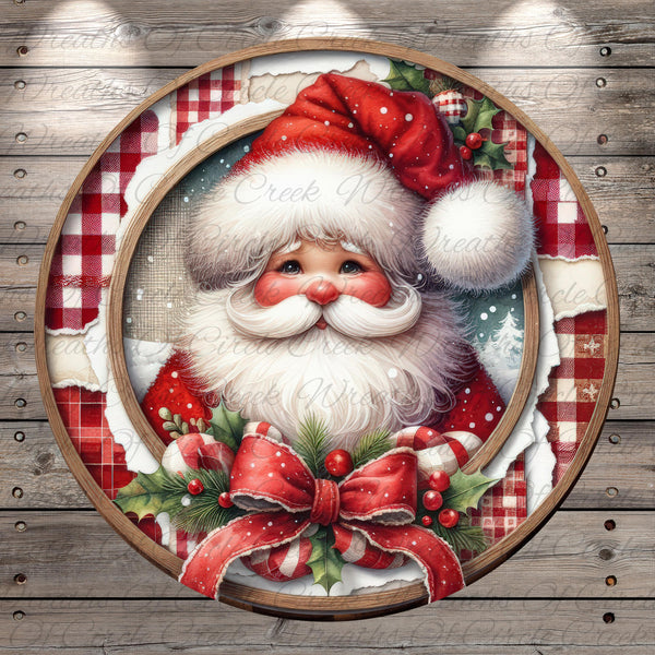 A festive Christmas-themed image featuring a smiling Santa Claus figure wearing a red hat and coat, surrounded by holiday decorations such as berries, candy canes, and a bow.