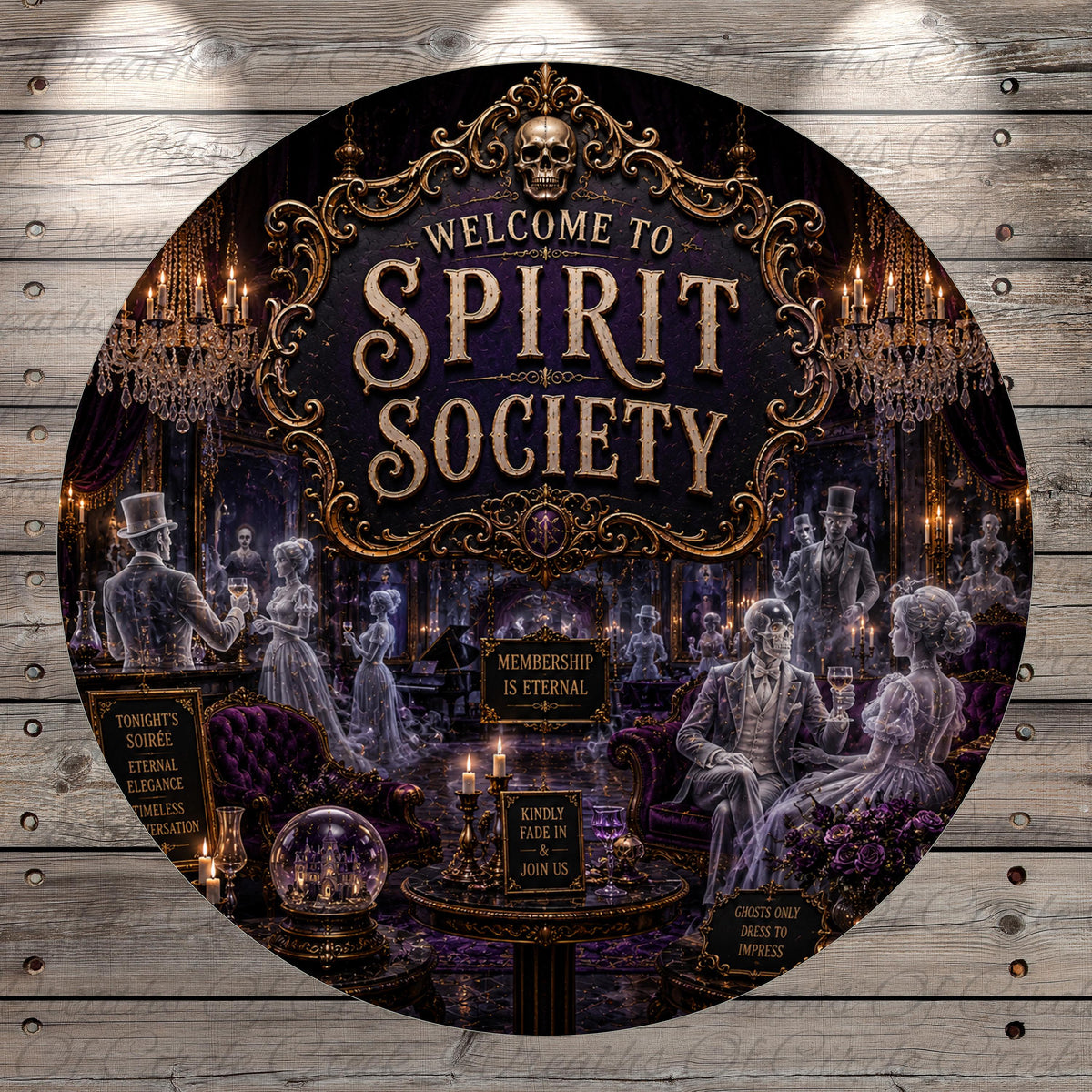 The image is a circular sign with a dark, gothic-inspired theme, featuring a skeleton, chandeliers, and other ghostly figures. The sign prominently displays the text "Welcome to Spirit Society" and includes details about membership, such as "TONIGHT'S SERIE", "ELEGANT", and "KINDLY FADE IN".