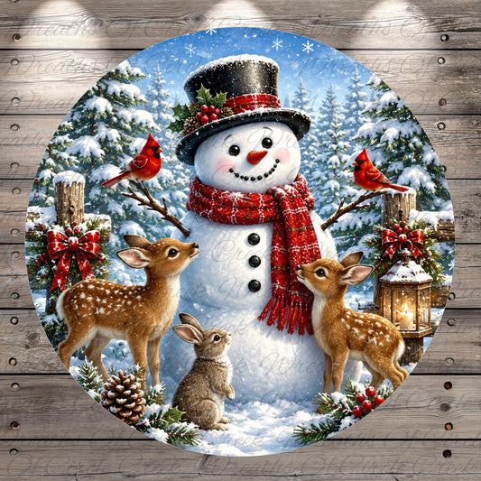 A snowman wearing a red scarf and top hat, surrounded by two deer and a rabbit, with a snowy forest and birds in the background.