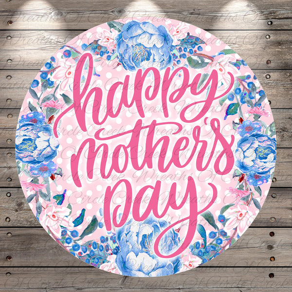 A round floral wreath with the text "happy mothers day" written in pink cursive font.