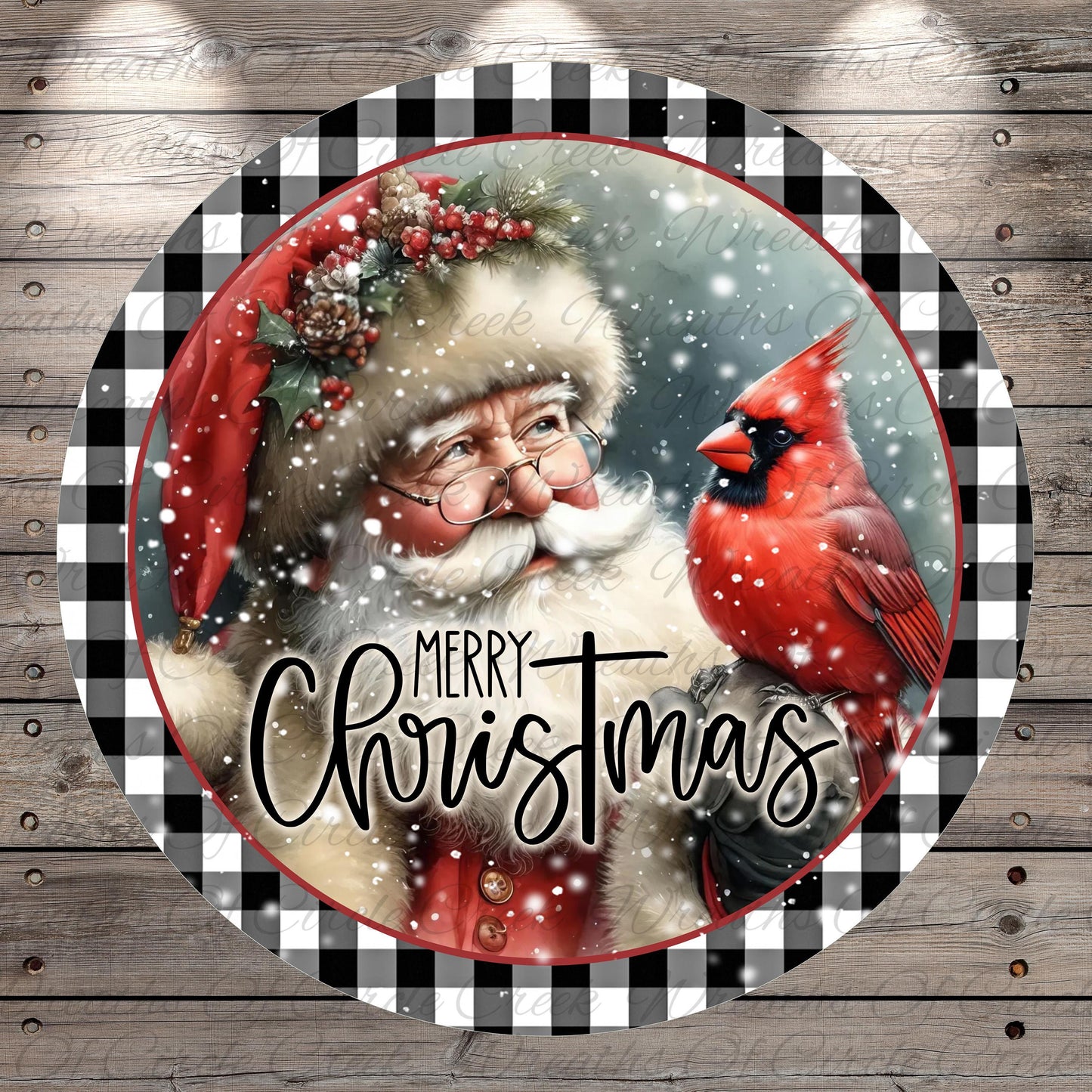 A festive Christmas scene featuring Santa Claus wearing a red hat and coat, with a red cardinal perched on his shoulder. The text "Merry Christmas" is displayed in the center of the image.