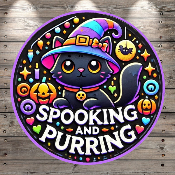 Spooking And Purring, Black Cat, Witch Hat, Halloween, Round, Light Weight, Metal Wreath Sign, No Holes In Sign