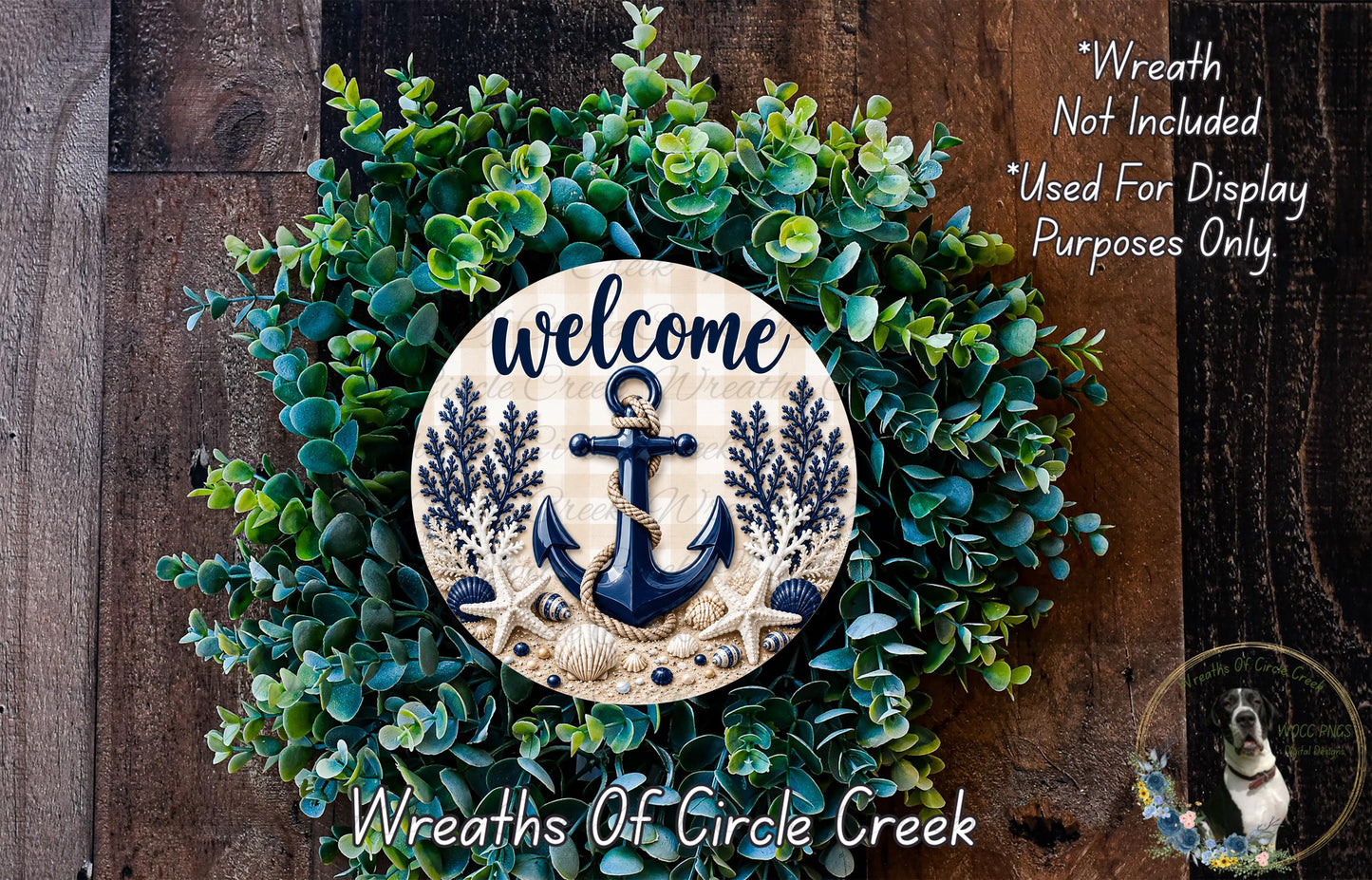 a welcome wreath with an anchor and seashell design, surrounded by a lush green wreath. The text "Welcome" is displayed on the wreath, and the phrase "Wreath Not Included" is written above it. The wreath is described as a "Wreaths of Circle Creek" and is not used for display purposes.