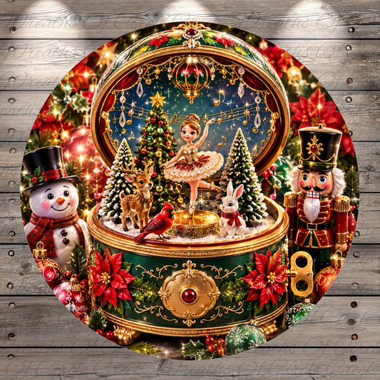 A beautifully decorated Christmas ornament with a ballerina figurine, a nutcracker, a snowman, and various other holiday decorations, including a Christmas tree, poinsettias, and other ornaments.
