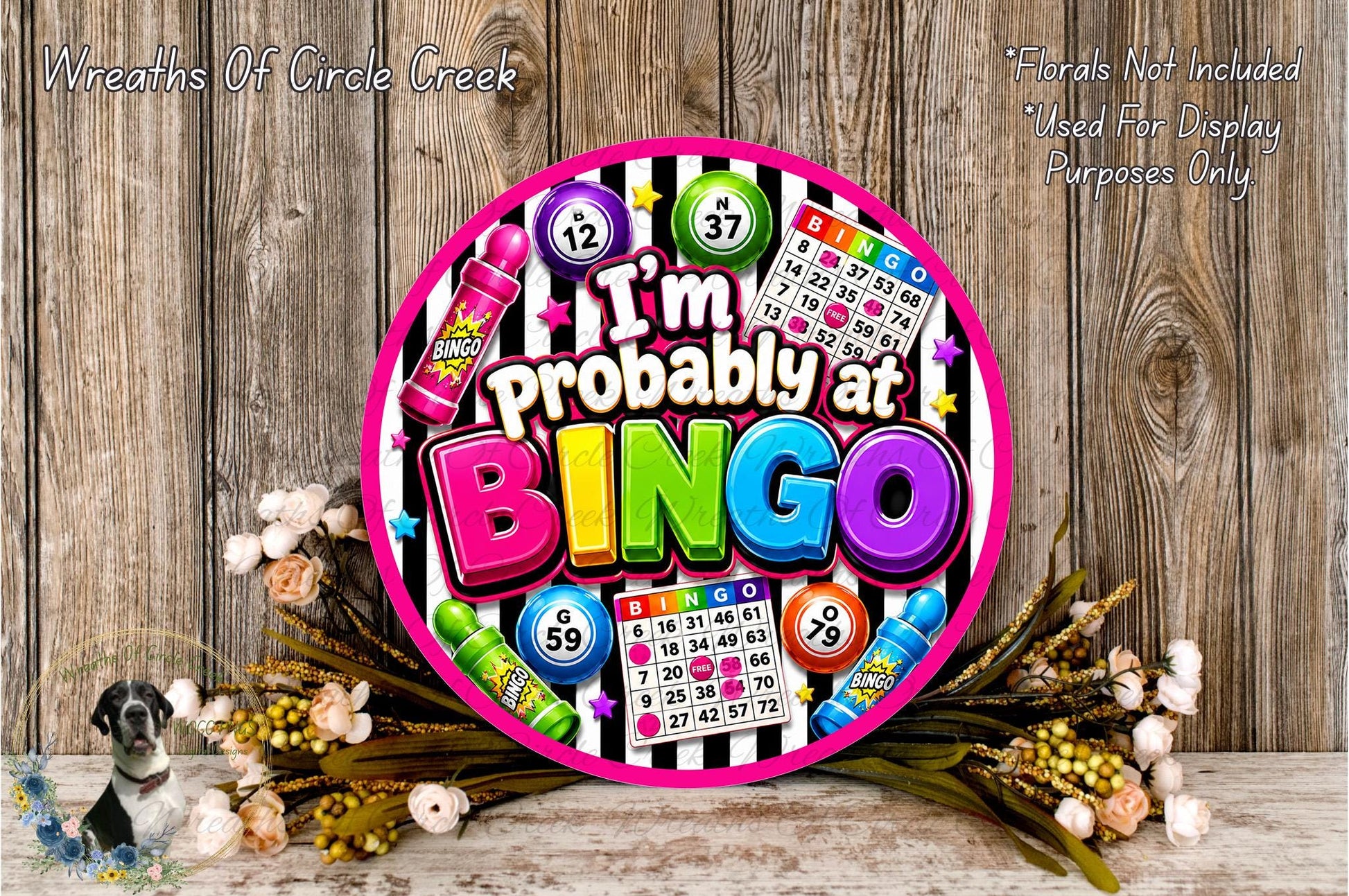 a colorful and whimsical bingo-themed sign with various elements such as numbers, bottles, and flowers, all set against a wooden background.