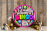 a colorful and whimsical bingo-themed sign with various elements such as numbers, bottles, and flowers, all set against a wooden background.