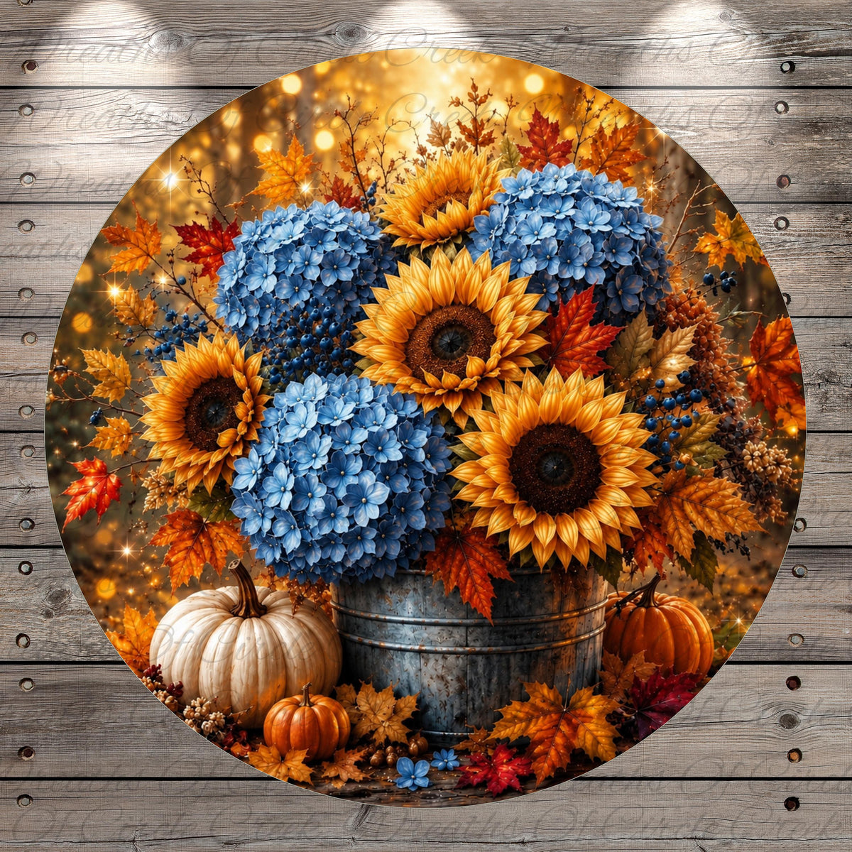 A circular arrangement of a metal bucket filled with blue hydrangeas, sunflowers, and pumpkins, surrounded by autumn leaves and a wooden background.