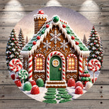 A beautifully decorated gingerbread house with red and green candy canes, lollipops, and snowflakes adorning the roof, set against a snowy winter landscape with trees and a full moon.