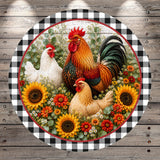 A vibrant and colorful illustration of three chickens surrounded by a field of flowers, including sunflowers, in a rustic, farm-style setting.