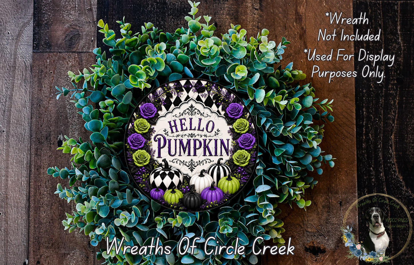 a wreath made of various green and purple foliage, with a central design that includes the text "Hello Pumpkin" surrounded by pumpkins and other fall-themed elements.