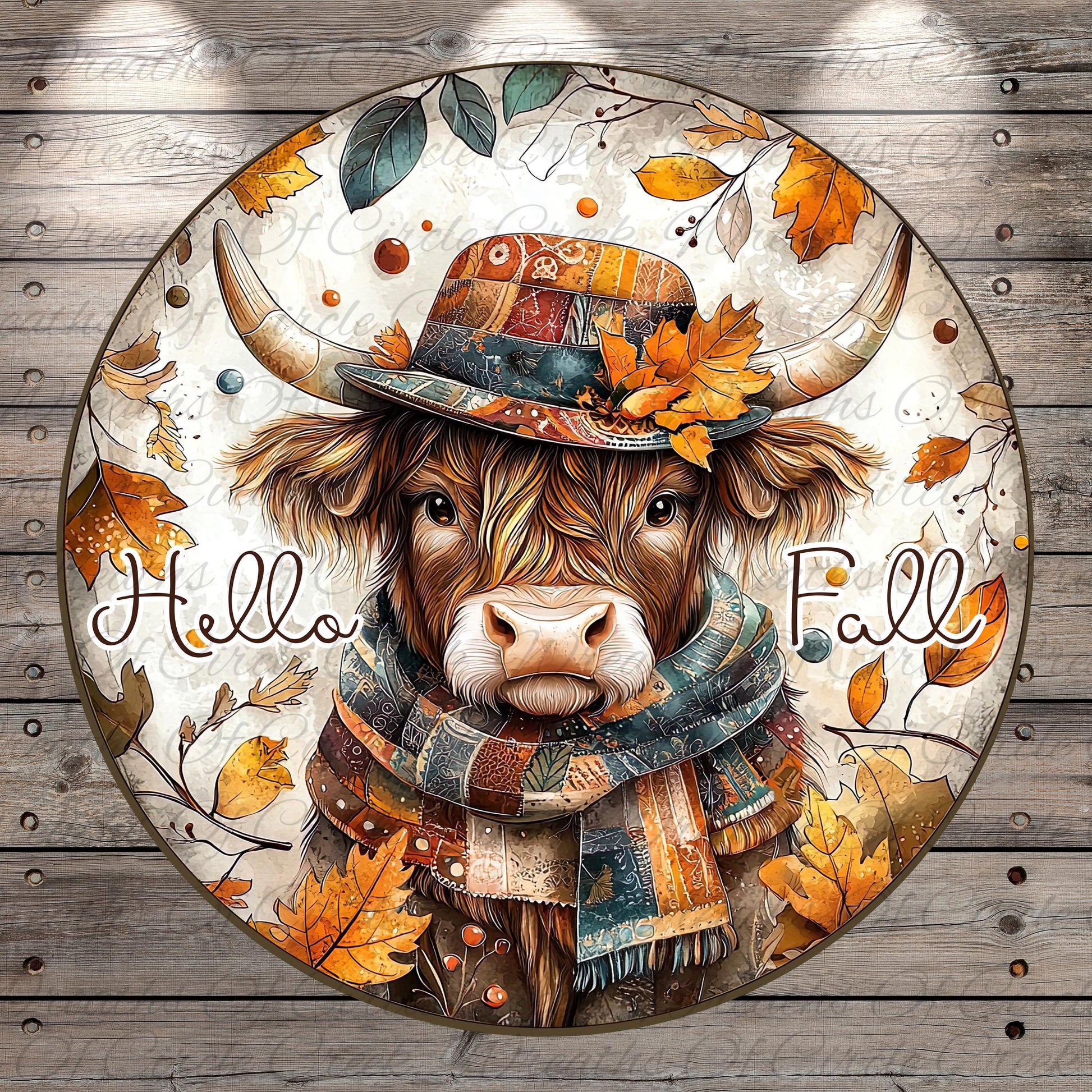 A cow wearing a colorful hat and scarf, surrounded by autumn leaves and the text "Hello Fall" in a circular design.