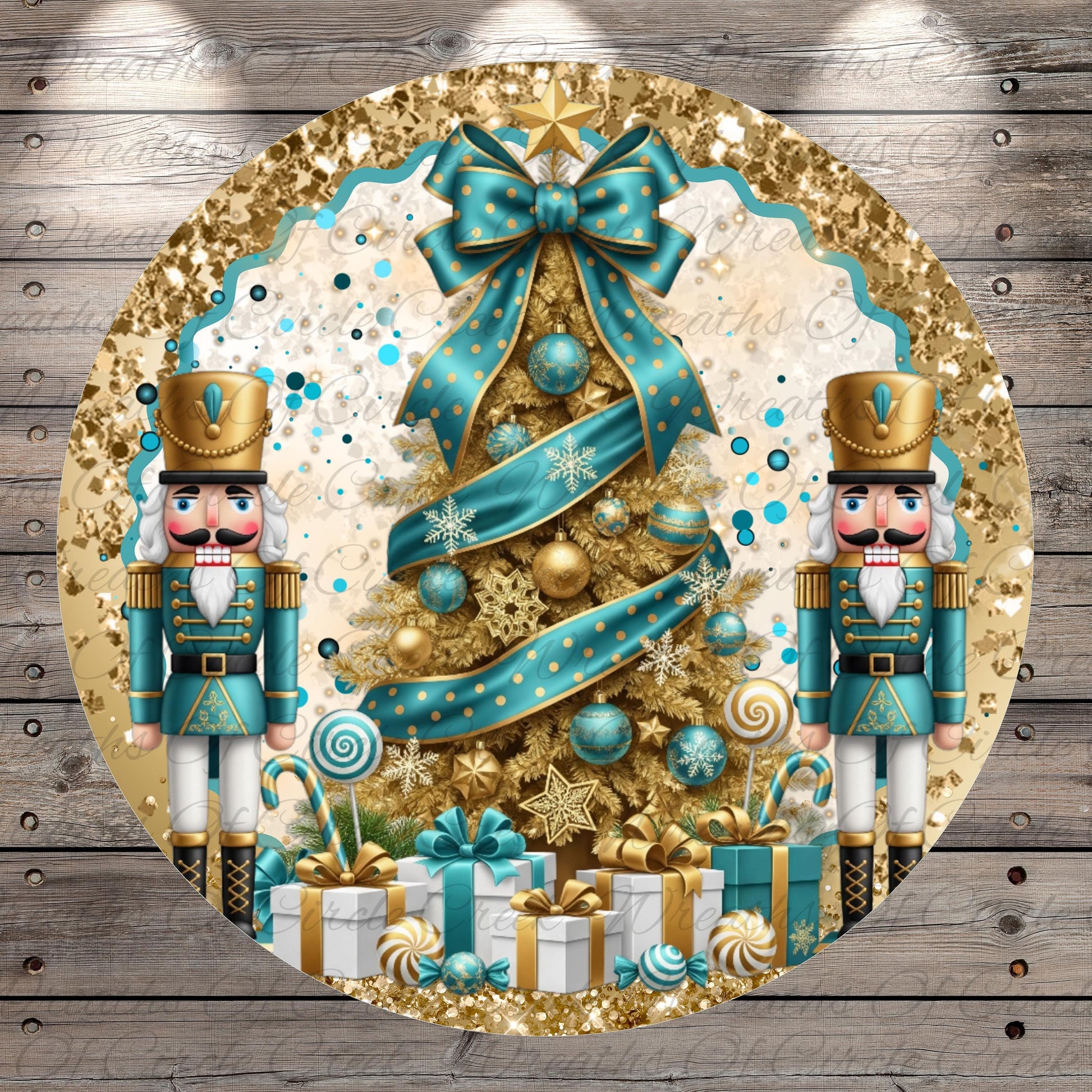A festive Christmas scene featuring a decorated Christmas tree with ornaments, a ribbon, and two nutcracker soldiers standing on either side. The background is a wooden wall with a glittery gold border.