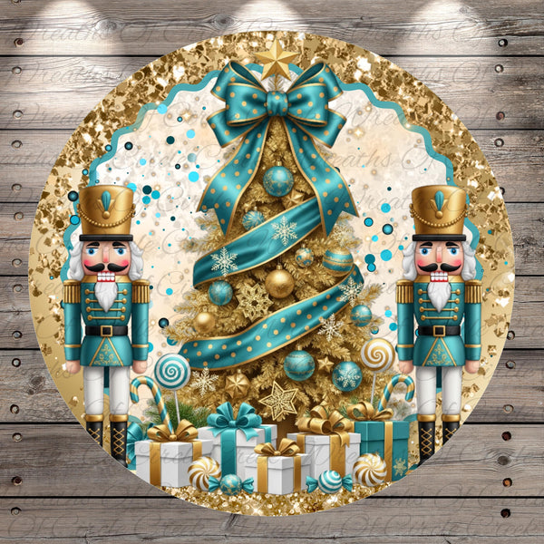 A festive Christmas scene featuring a decorated Christmas tree with ornaments, a ribbon, and two nutcracker soldiers standing on either side. The background is a wooden wall with a glittery gold border.
