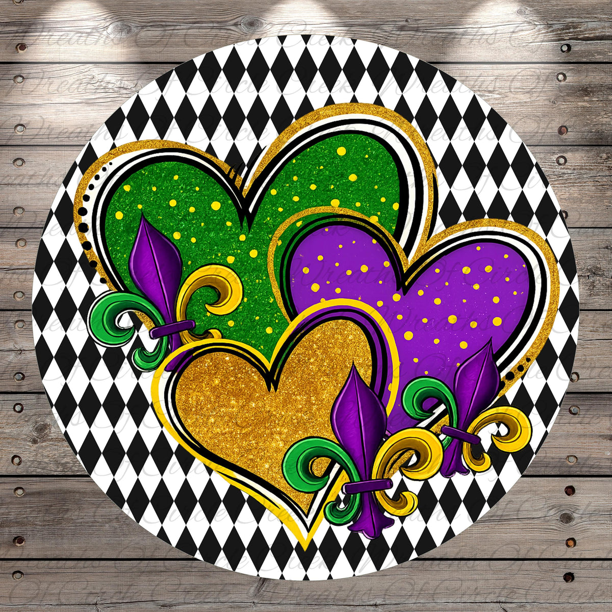 A circular design featuring three hearts in different colors - green, purple, and gold, along with fleur-de-lis flowers and a black and white diamond pattern.