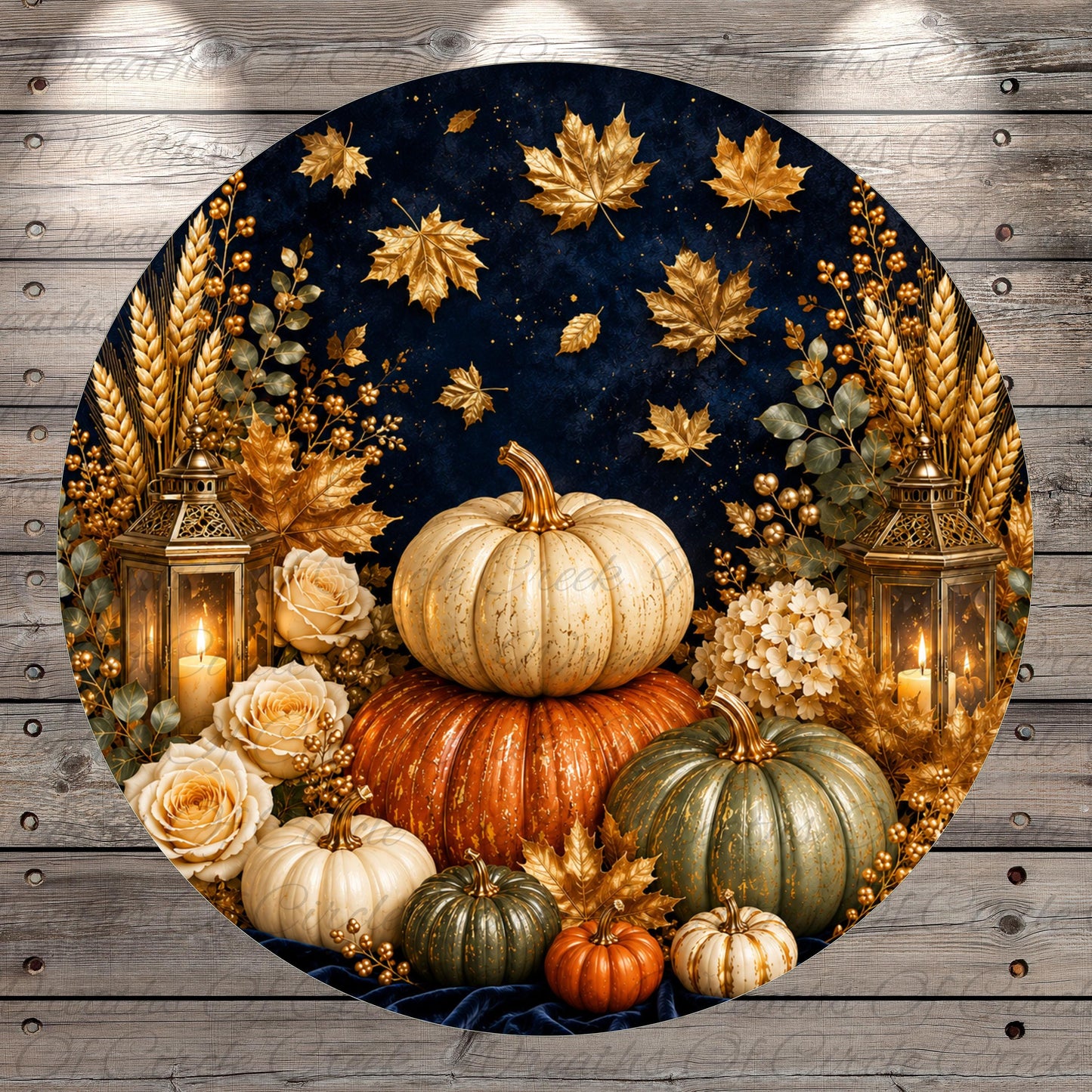 A circular arrangement of pumpkins, flowers, and lanterns against a dark blue background, creating a festive autumn scene.