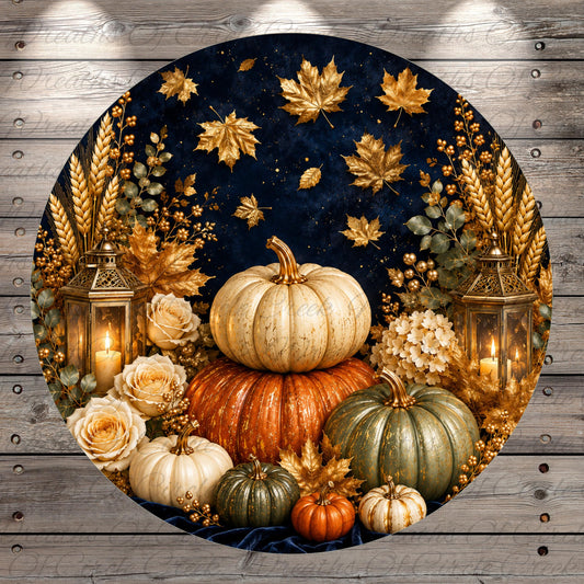 A circular arrangement of pumpkins, flowers, and lanterns against a dark blue background, creating a festive autumn scene.
