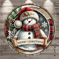 Woodland Snowman, Merry Christmas, Red And Black Plaid, Round, Light Weight, Metal, Wreath Sign, No Holes In Sign