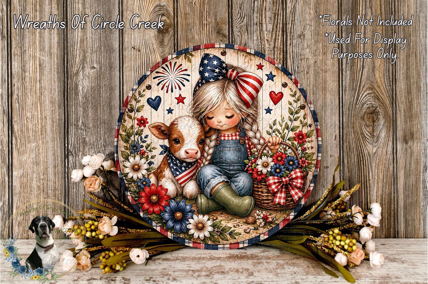 A decorative plate featuring a young girl and a cow surrounded by flowers and patriotic symbols, such as stars and stripes, against a wooden background.