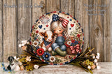 A decorative plate featuring a young girl and a cow surrounded by flowers and patriotic symbols, such as stars and stripes, against a wooden background.