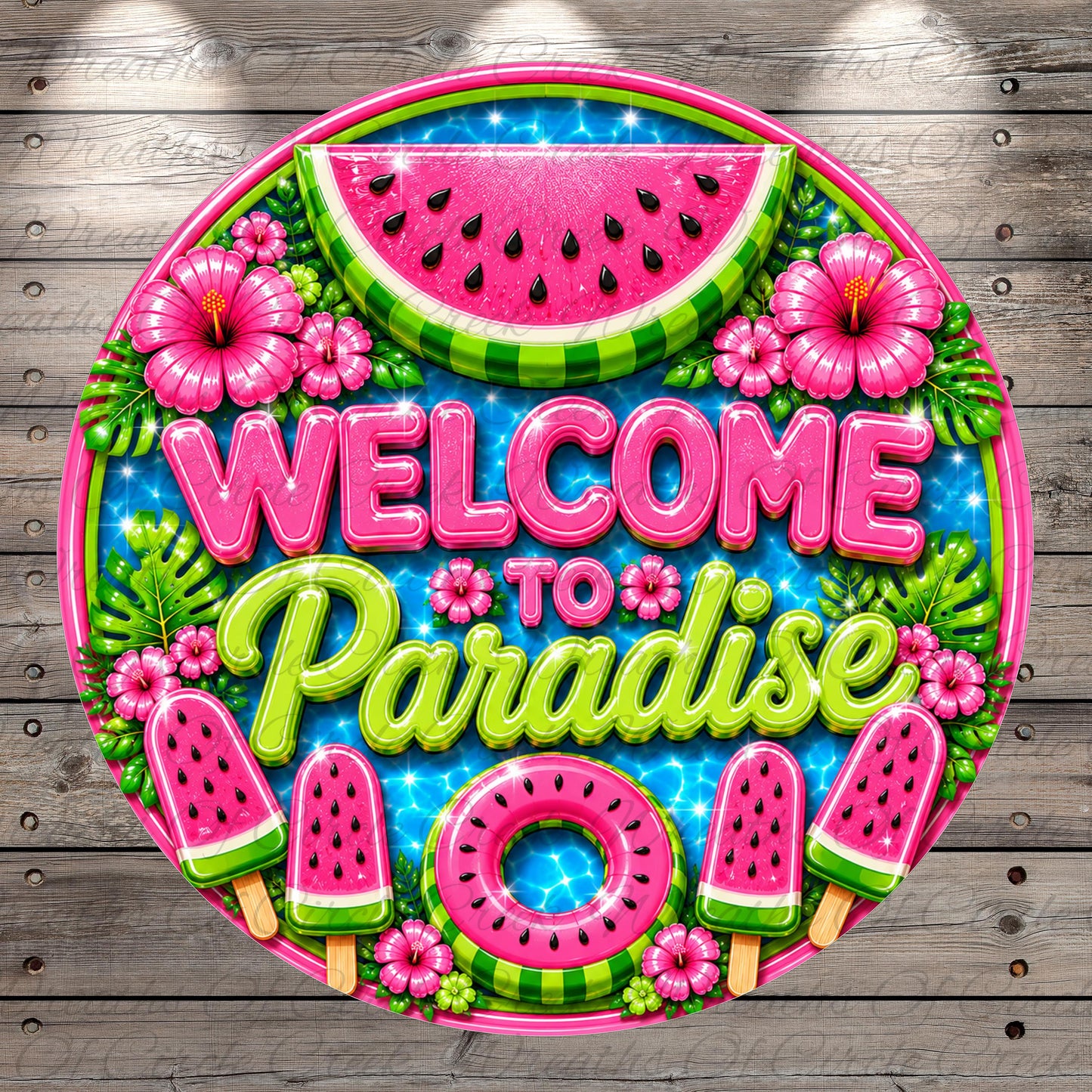 a vibrant and colorful welcome sign with the text "Welcome to Paradise" surrounded by various tropical elements such as watermelon, hibiscus flowers, and a swimming pool.