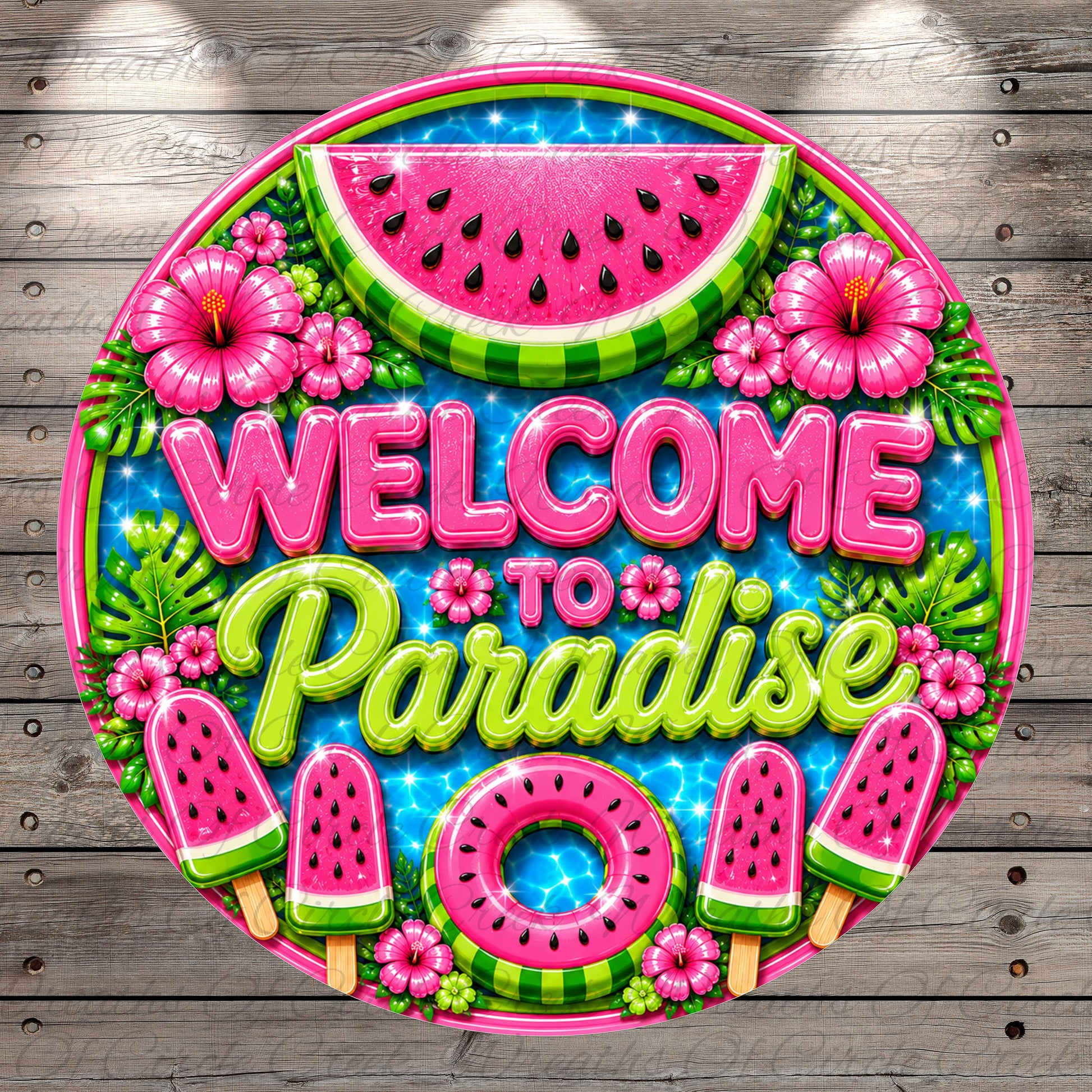 a vibrant and colorful welcome sign with the text "Welcome to Paradise" surrounded by various tropical elements such as watermelon, hibiscus flowers, and a swimming pool.