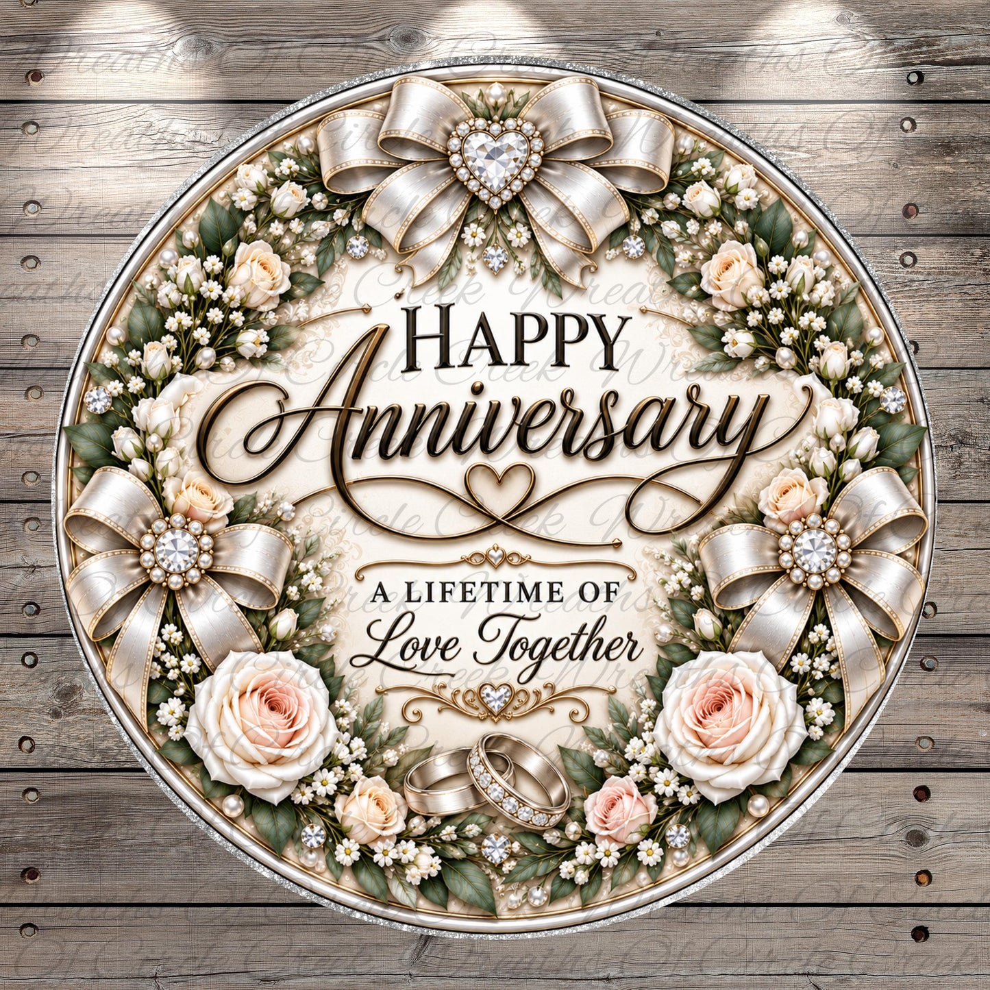A round sign with a floral wreath and gold accents, featuring the text "Happy Anniversary" and "A Lifetime of Love Together"