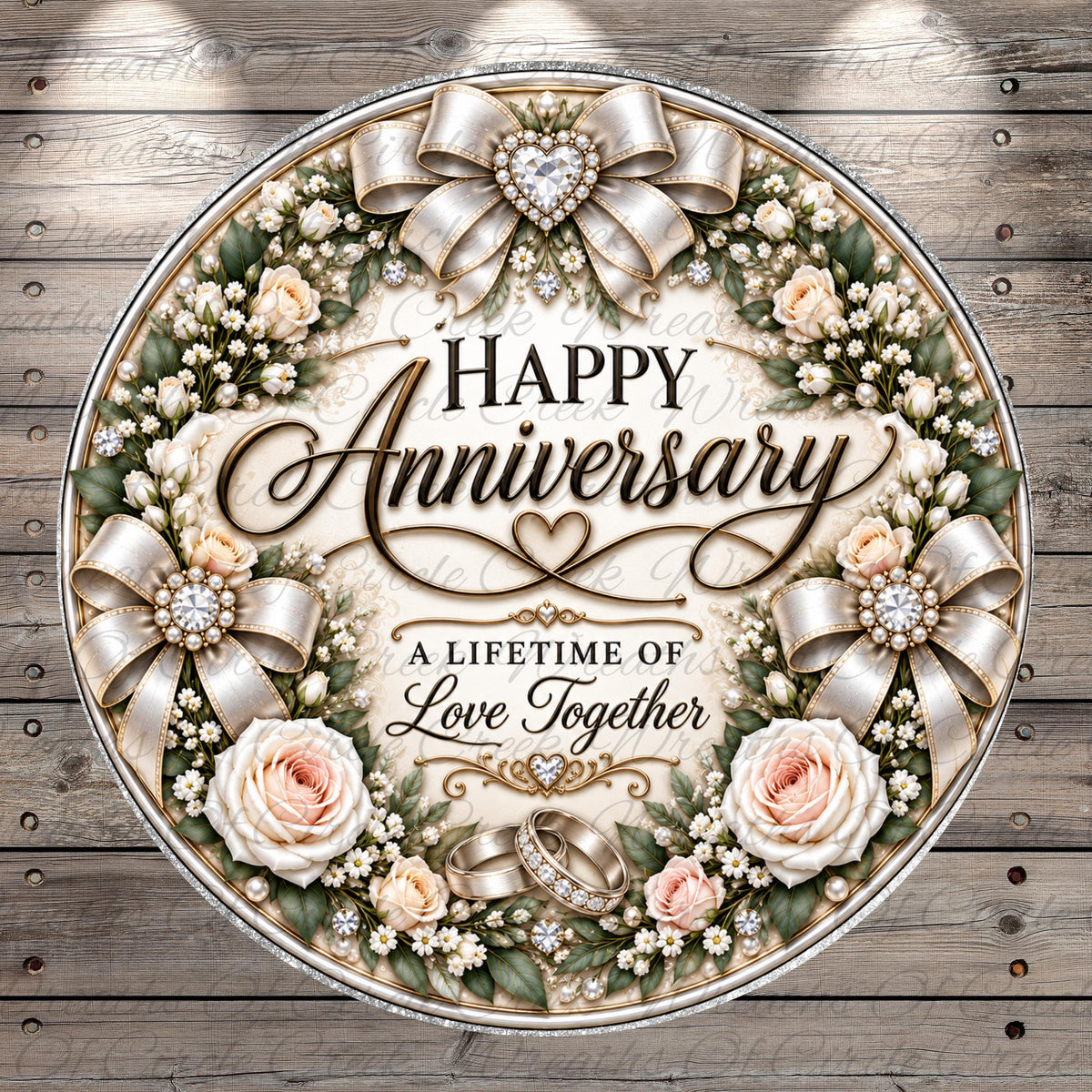 A round sign with a floral wreath and gold accents, featuring the text "Happy Anniversary" and "A Lifetime of Love Together"